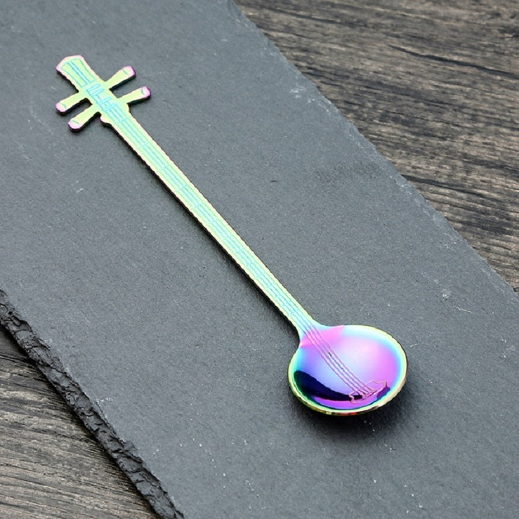 Stainless steel coffee mixing spoon, lute-shaped, teal-to-purple iridescent finish