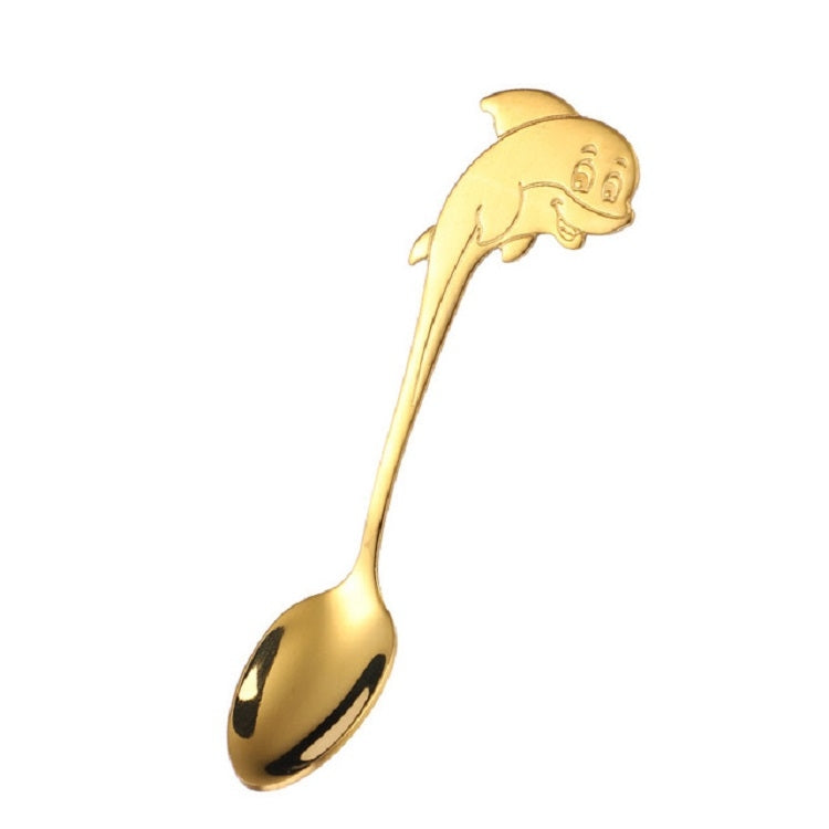 Gold dolphin-shaped kids stirring spoon, glossy oval bowl on a long handle