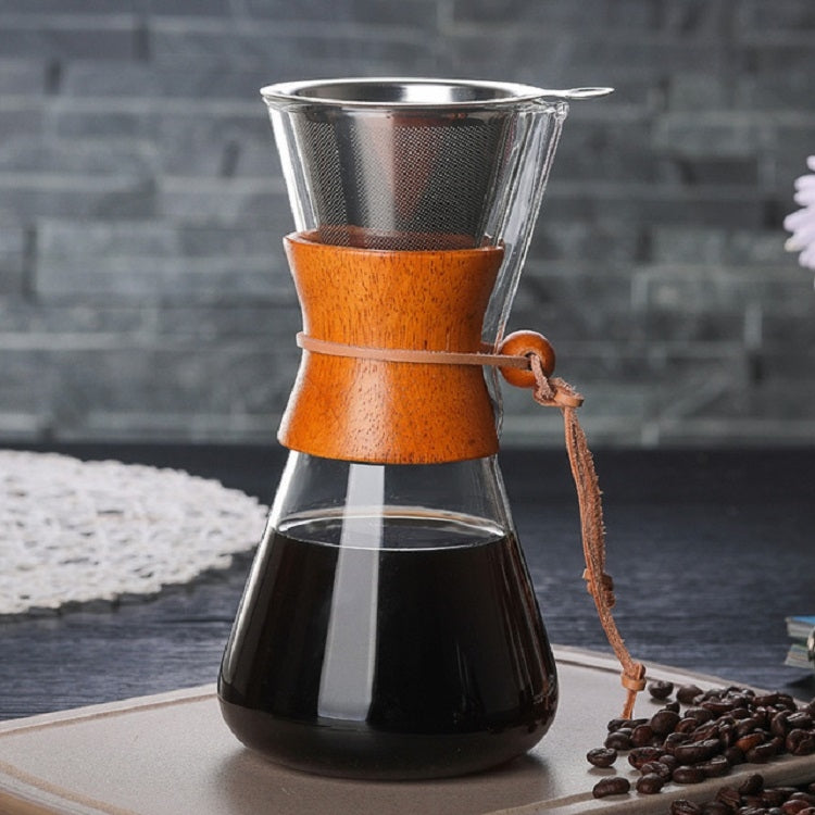 Heat-resistant glass coffee pot with built-in metal strainer basket, wooden band, 600 ml