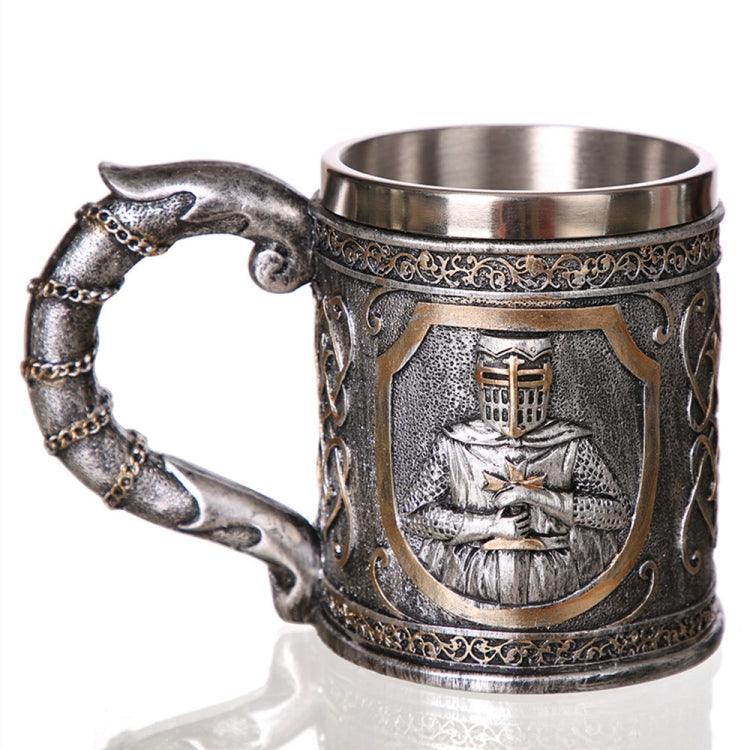 Stainless steel Viking skull goblet mug with arched handle and knight engraving