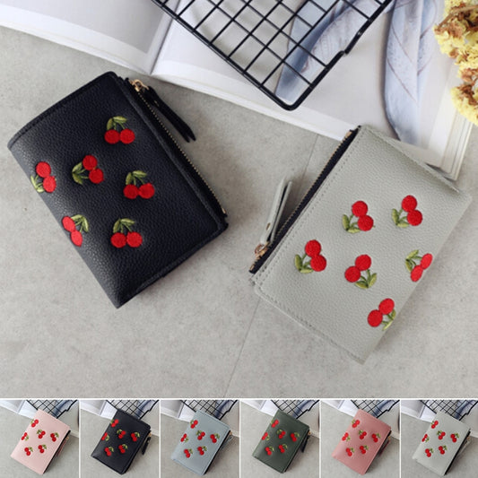 PU Leather Cherry Embroidery Coin Purse Card Holders