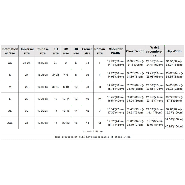 Clothing size chart with chest, waist, hip, and sleeve length measurements