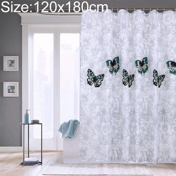 White butterfly shower curtain with blue-green butterflies and subtle floral print, bathroom view