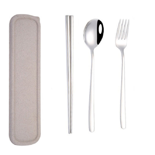 3pcs / Set Portable Stainless Steel Tableware Creative Set Chopsticks Spoon Fork Gift, Steel, Black, Pink, Red, Blue