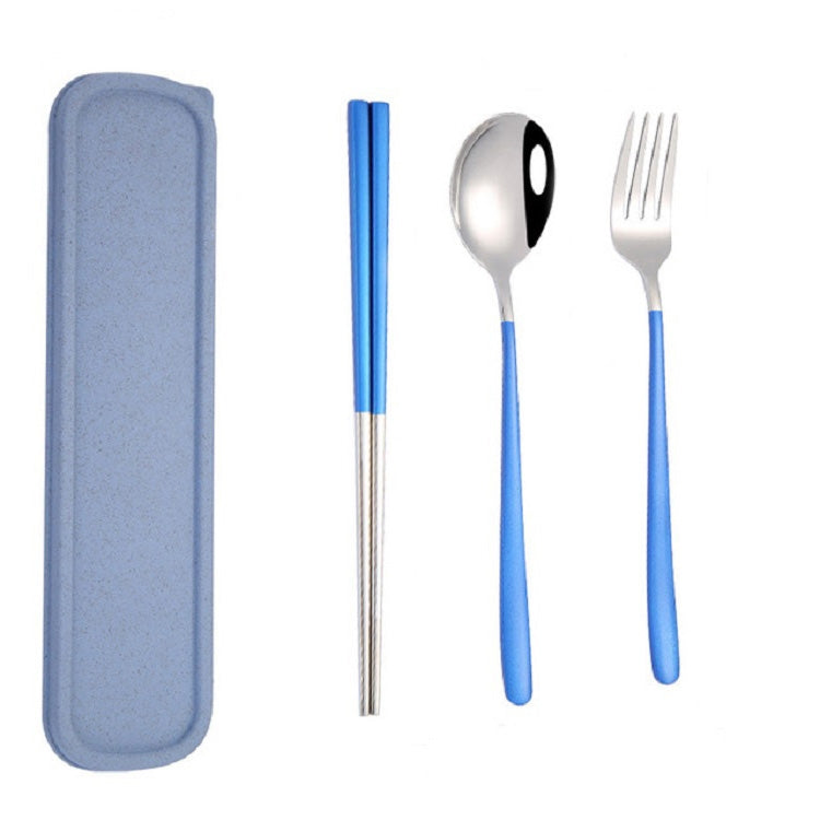 Portable 3-piece tableware set with blue chopsticks, spoon, fork and carrying case