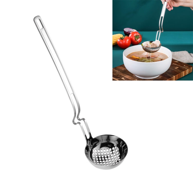 Hanging stainless steel soup spoon strainer with long handle and perforations