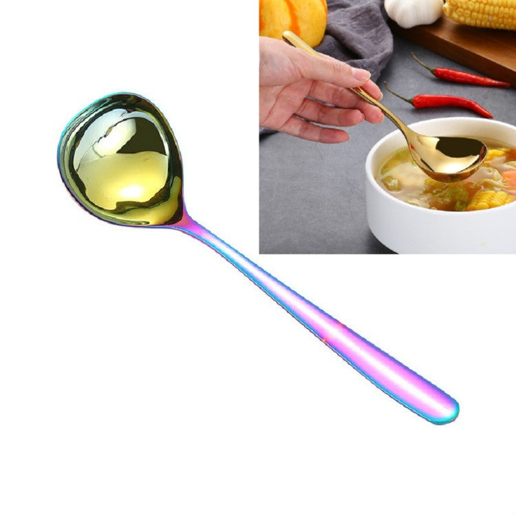 Colorful stainless steel sauce spoon with long handle and large rounded bowl