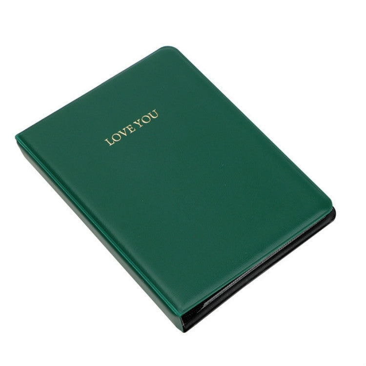 Green mini photo album book with LOVE YOU text centered on the cover