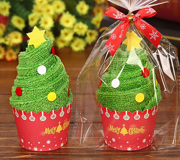 Christmas tree cake towel pair with green embroidered trees and red patterned bases