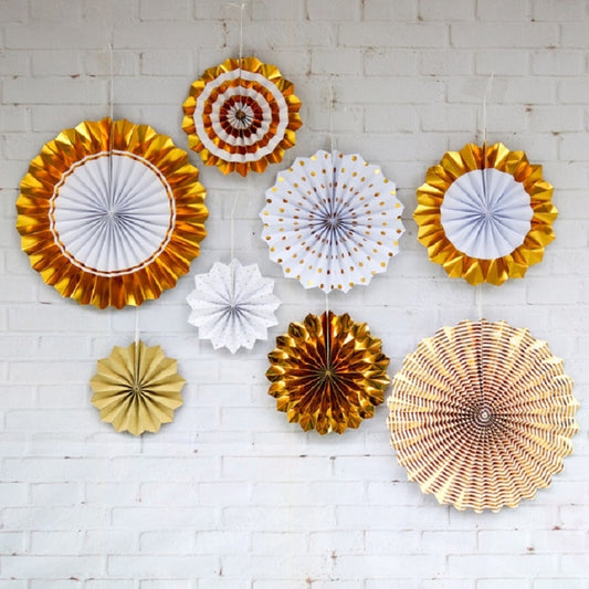 2 Sets Bronzing Paper Fan Flower Set Birthday Holiday Wedding Party Decoration, Bronzing 8pcs, Hot Silver 8pcs, Black 8pcs, Rose Gold 8pcs, Champagne Gold 8pcs, Colorful Hollow 8pcs, Bronzing 6pcs