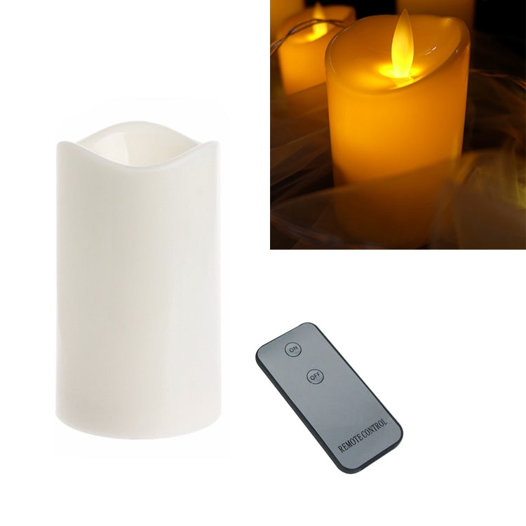 White cylindrical LED candle with flickering flame and remote control