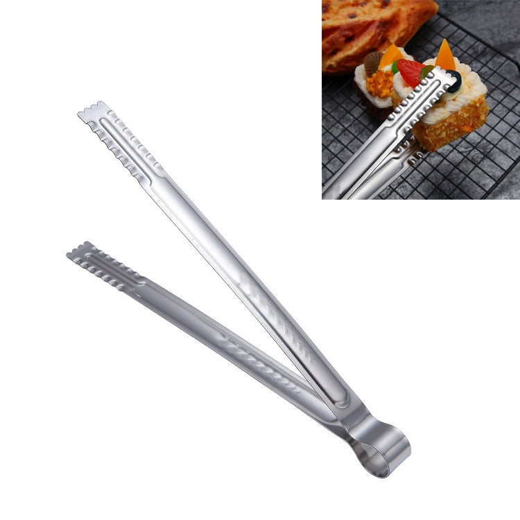 Stainless steel tong-style food clip with serrated jaws and long handle