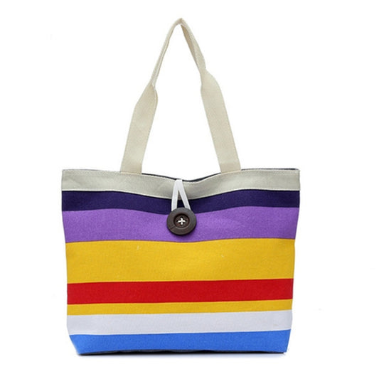 Color Canvas Stripe Contrast Color Shoulder Bag Large Capacity Handbag Green Shopping Bag
