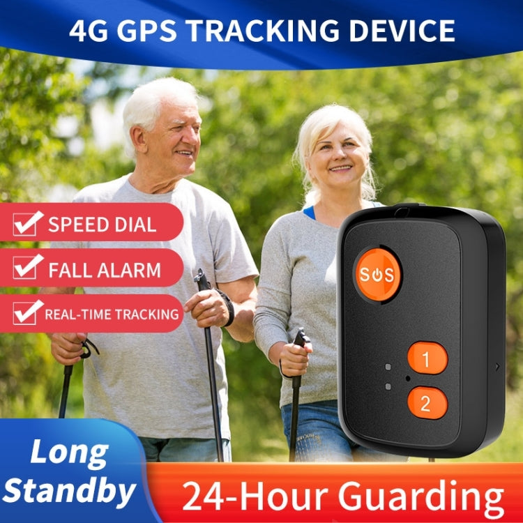 Black GPS tracker with orange SOS and 1/2 buttons, held near a smartwatch-style device