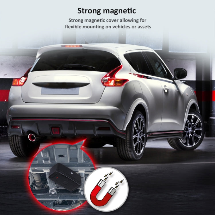 Black GPS tracker with magnetic mount shown on a vehicle rear area