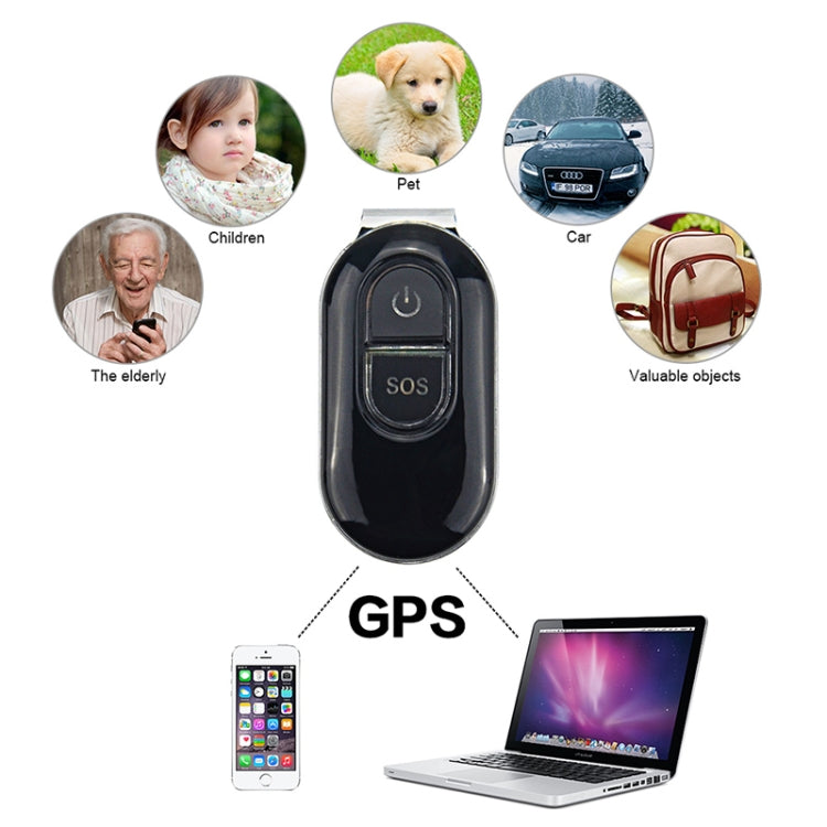 Black GPS tracker key fob with SOS button and device/connectivity icons