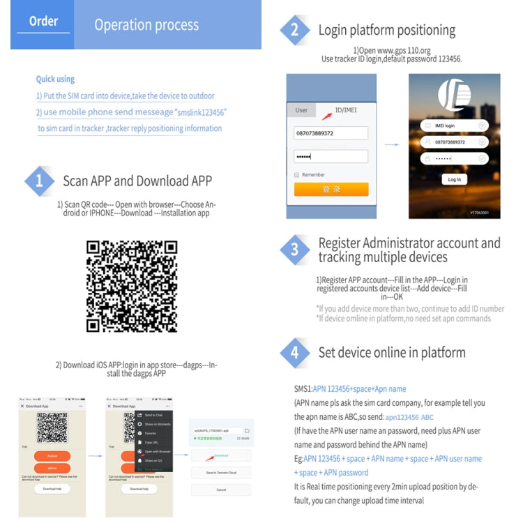 GPS tracker operation guide screens with app login, QR code, and steps