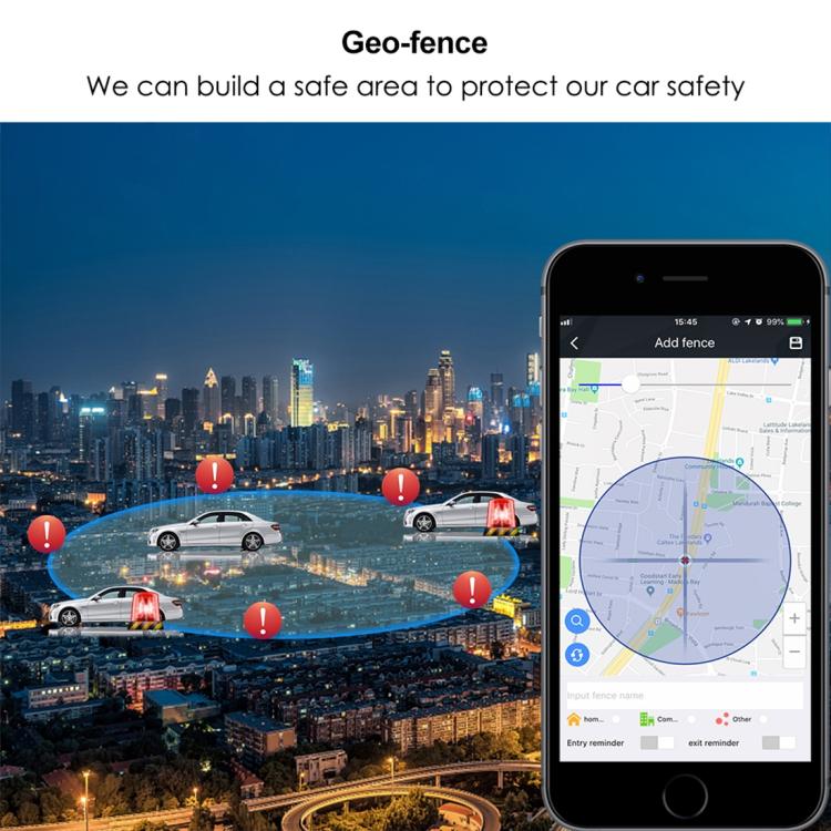 GPS tracker geofence concept with car map and phone display