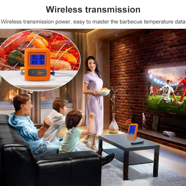 Wireless four-probe kitchen thermometer displaying readings with wireless communication on LCD
