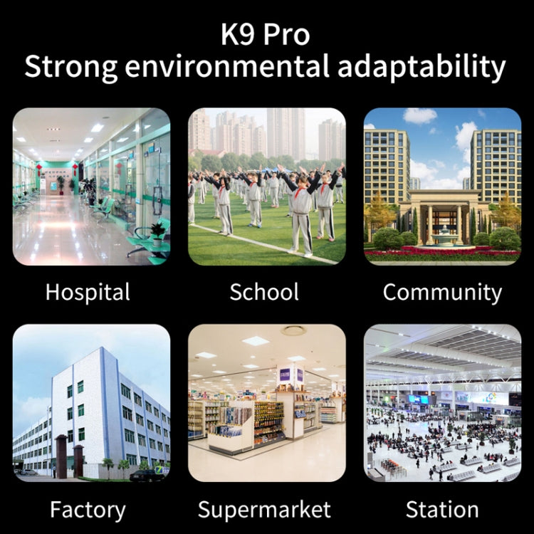 K9 Pro environment collage showing hospital, school, community, factory, supermarket, station