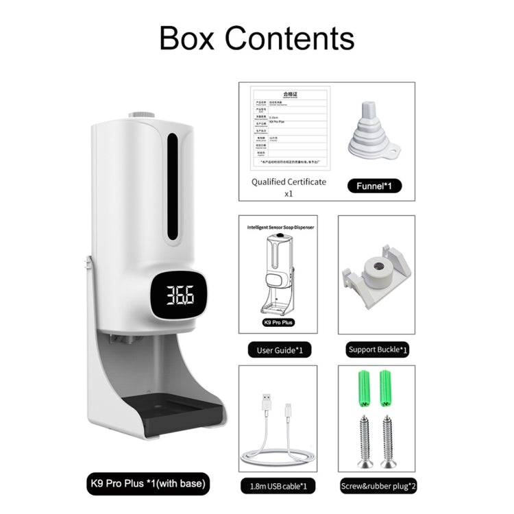 Non-contact thermometer and soap dispenser kit with base, funnel, user guide, and cables