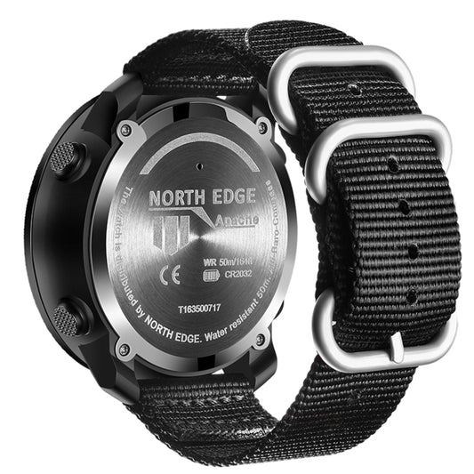 Black nylon-strap smart watch with silver back and NORTH EDGE branding on case
