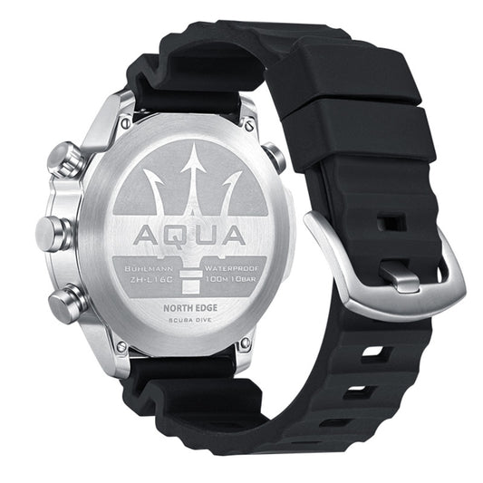 Back view of round metal diver watch with black silicone strap and water resistance markings