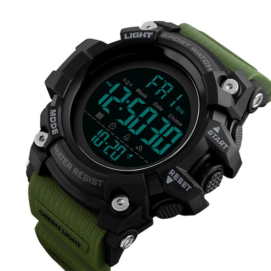 Men's LED digital watch with teal backlit display, green fabric strap, black bezel