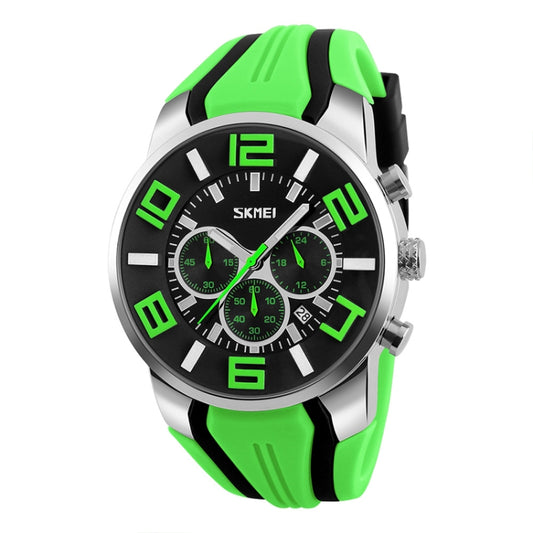 SKMEI large dial sports quartz wristwatch with black face and bright green silicone strap