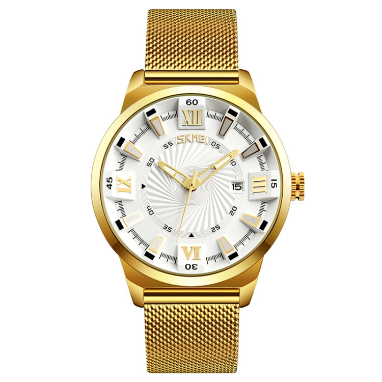 Gold-tone quartz wristwatch with white dial and mesh metal bracelet