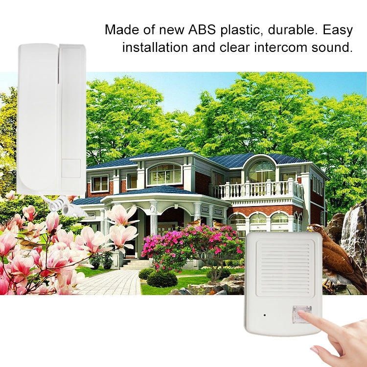 White wired intercom doorbell panel with call button, with finger pointing to speaker area