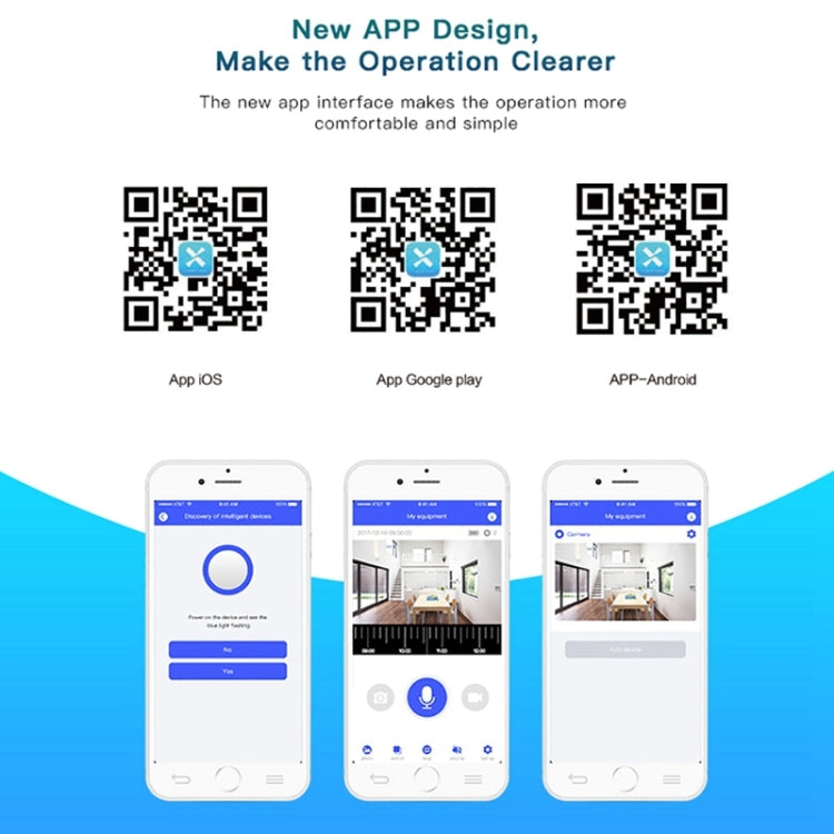 Smart doorbell app setup screen with QR codes and three smartphone display views