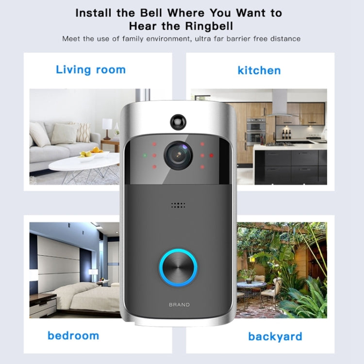 Wi‑Fi video doorbell with camera and blue-ring button for indoor or outdoor mounting.