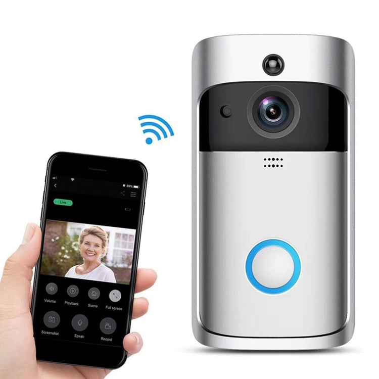 Silver outdoor video doorbell with built-in camera and blue circular button, app control