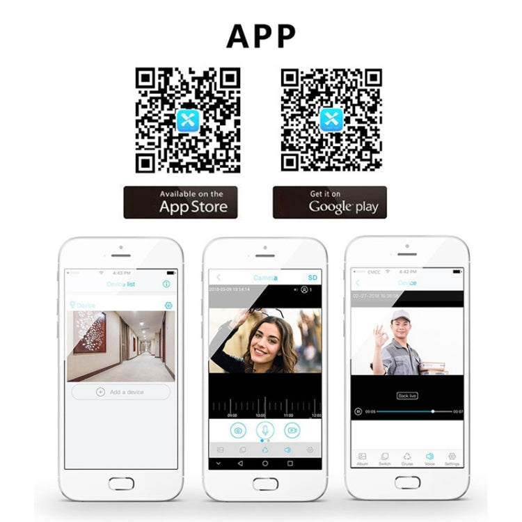 Smart doorbell app download screen with QR codes and phone mockups