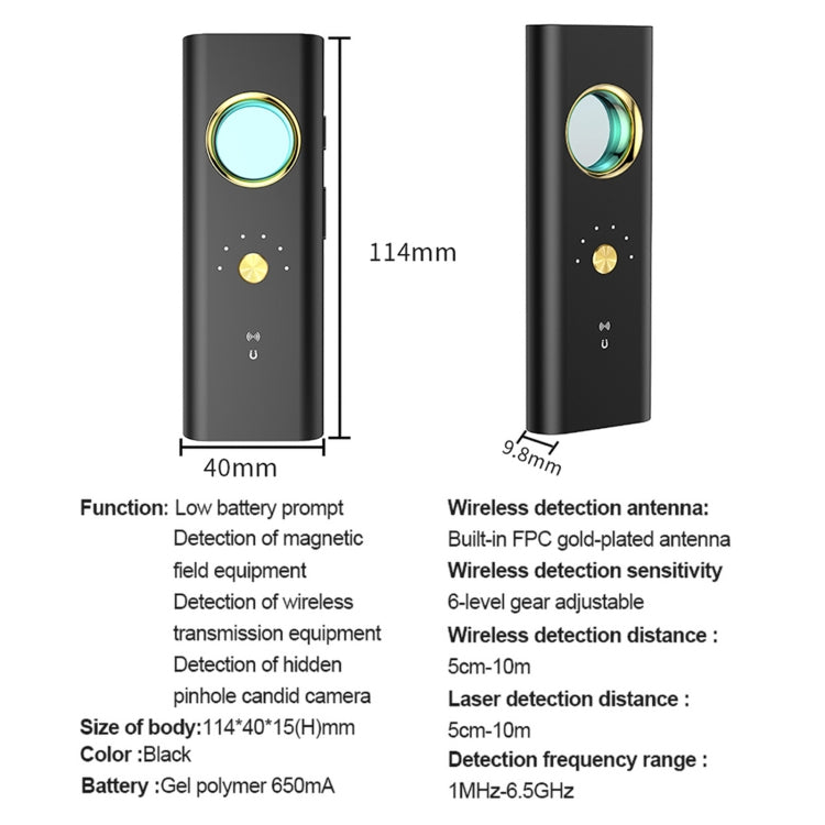 Black R35 detector shown front and side with size diagram and detection antenna details