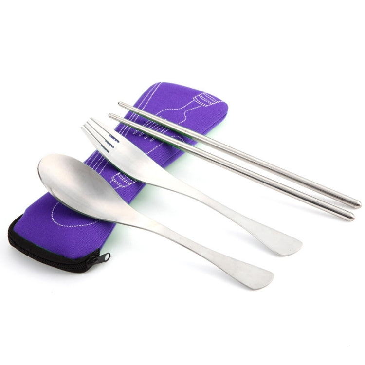 Three-piece outdoor cutlery set with purple carrying pouch and stainless steel utensils