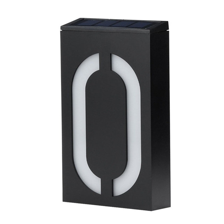 Solar-powered wall-mounted house number LED light, number 0, black with white glow digits
