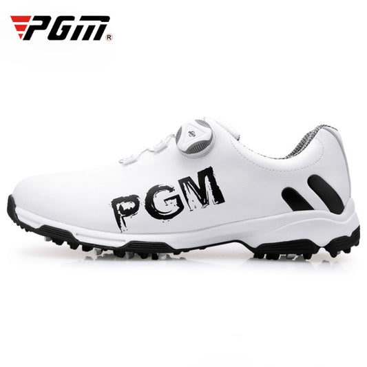 Men's PGM golf sneakers, white upper with black logo, lace-up and studded outsole