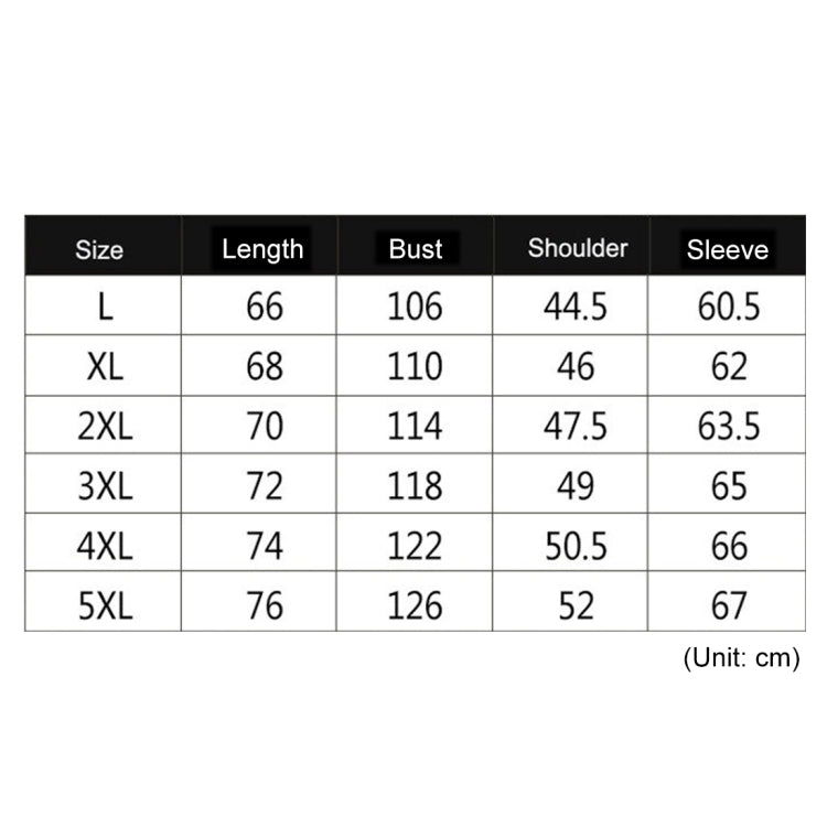 Men's jacket size chart (cm): L–5XL length, bust, shoulder, sleeve