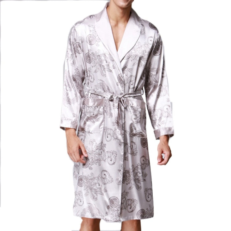 Men's long silk pajama robe, light fabric with grey pattern, shawl collar and belt