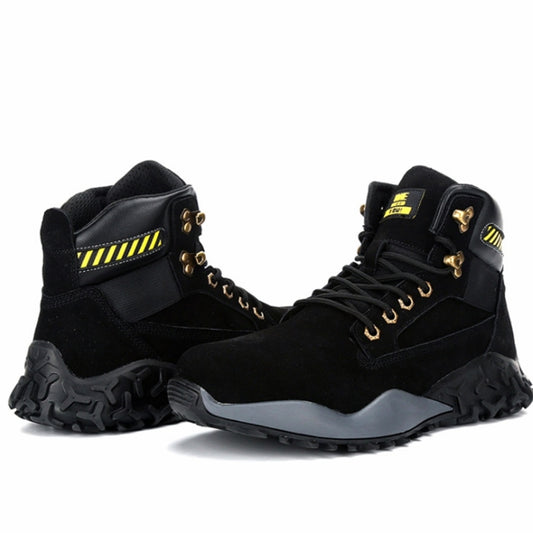 Black high-top lace-up safety boots, pair with rugged tread soles