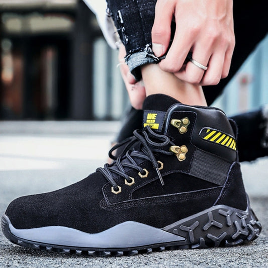 Black high-top lace-up work safety boot with padded collar and rugged tread sole