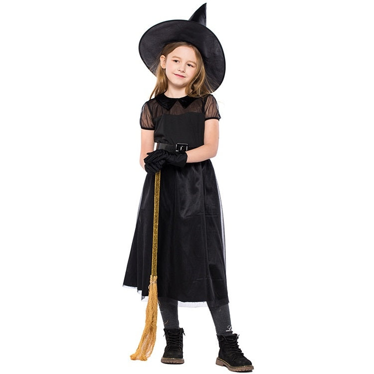 Black gauze witch dress with wide brim hat, buckle belt, and long black gloves