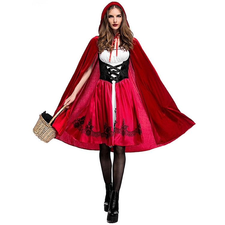 Red hooded cloak and dress costume with black corset bodice, white apron, and cape