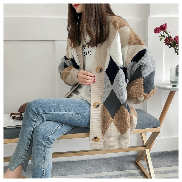 Open-front long knit cardigan in cream and khaki with navy diamond motifs and wooden buttons