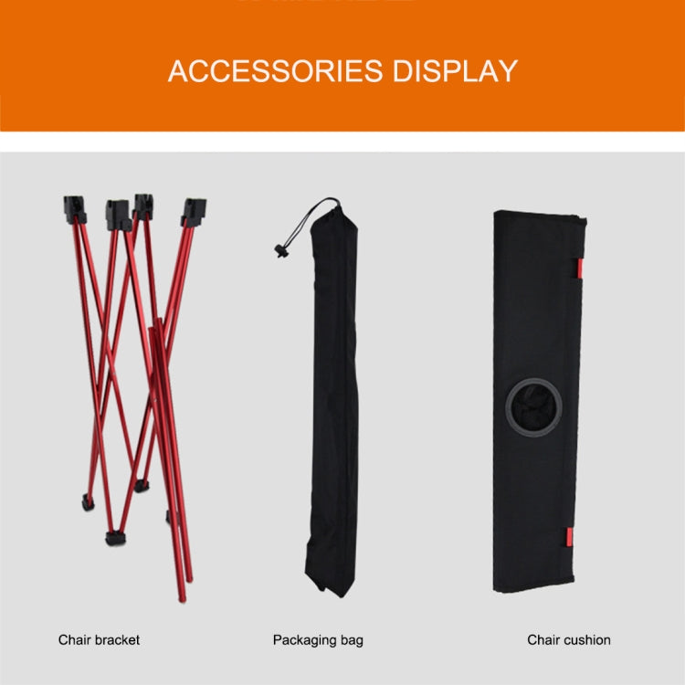 Accessories for folding table: red leg frame, black packaging bag, and chair cushion