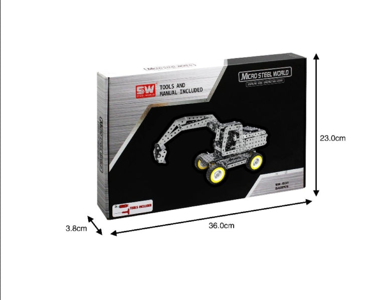 Boxed DIY excavator building block kit with Micro Steel World label and size marks