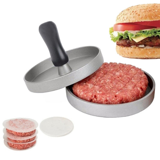 Household Food Grade Aluminum Alloy Kitchen Non-stick Coating Pressure Meat Patty Cake Hamburger Mold with 40 PCS Sided Silicone Papers, 1PC Black Handle