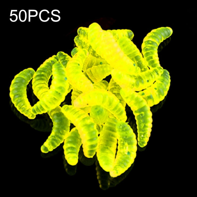 Set of 50 neon yellow-green soft bait worms, curled crescent shapes